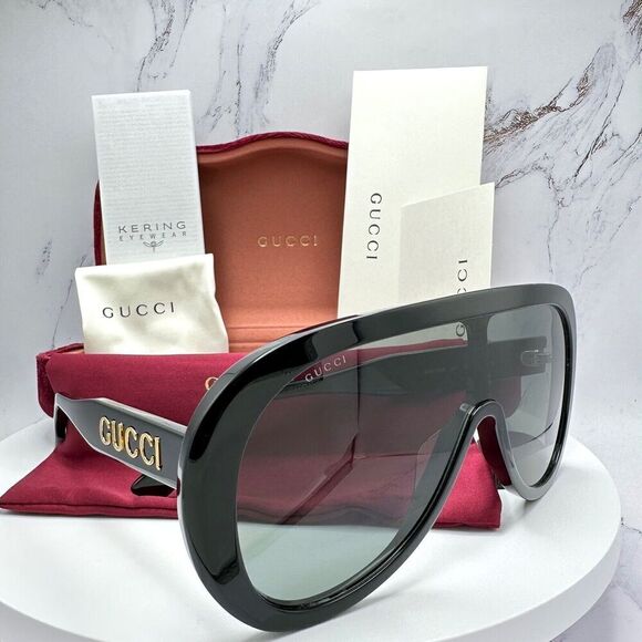 Gucci Black Sunglasses Oversized Aviator Mask Shield Gold Metal Logo Authentic - Picture 12 of 16